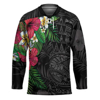 Hawaiian Tropical Plants Hockey Jersey Kakau Tattoo and Polynesian Pattern Half Black Color LT03 Unisex Black - Polynesian Pride