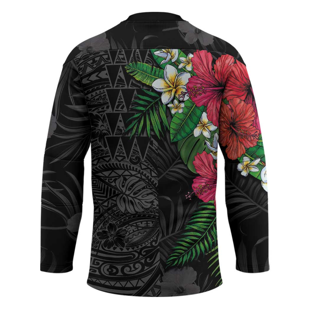 Hawaiian Tropical Plants Hockey Jersey Kakau Tattoo and Polynesian Pattern Half Black Color LT03 - Polynesian Pride