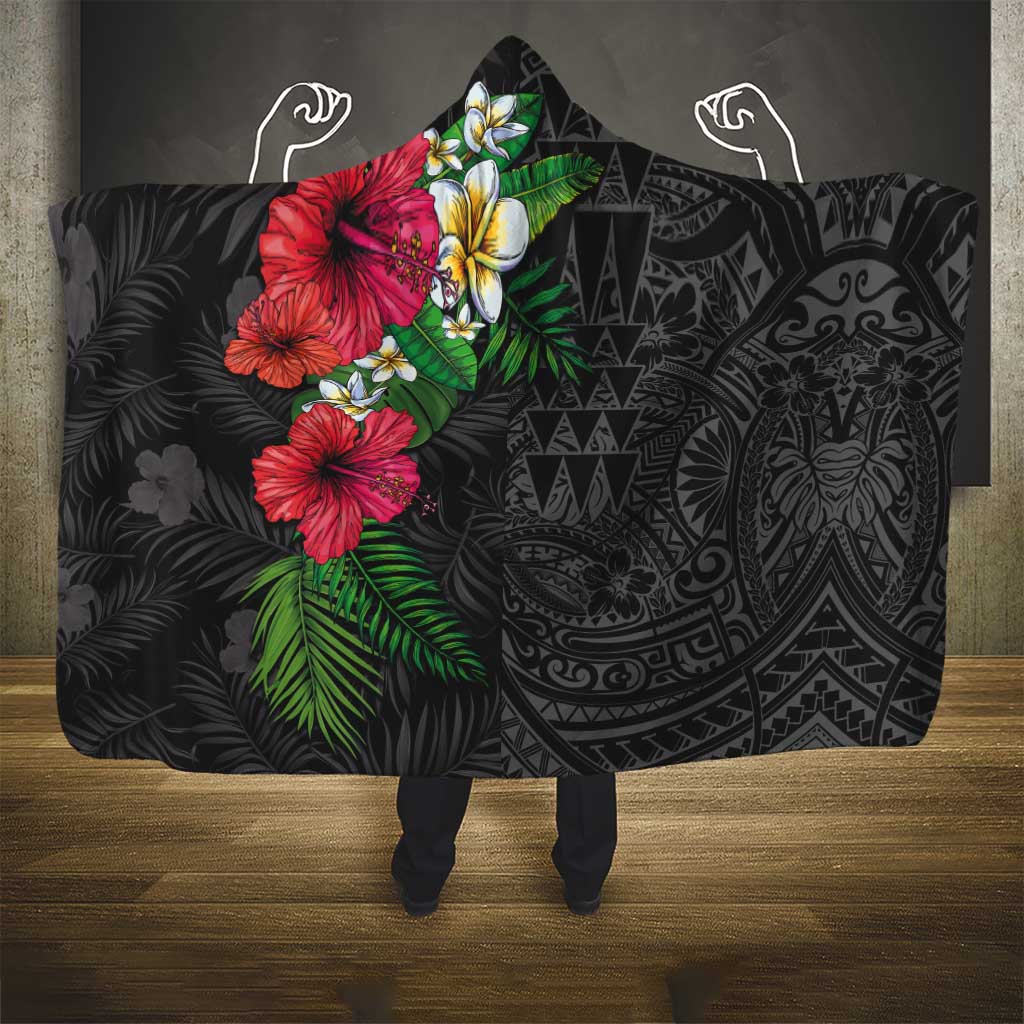 Hawaiian Tropical Plants Hooded Blanket Kakau Tattoo and Polynesian Pattern Half Black Color LT03 - Polynesian Pride