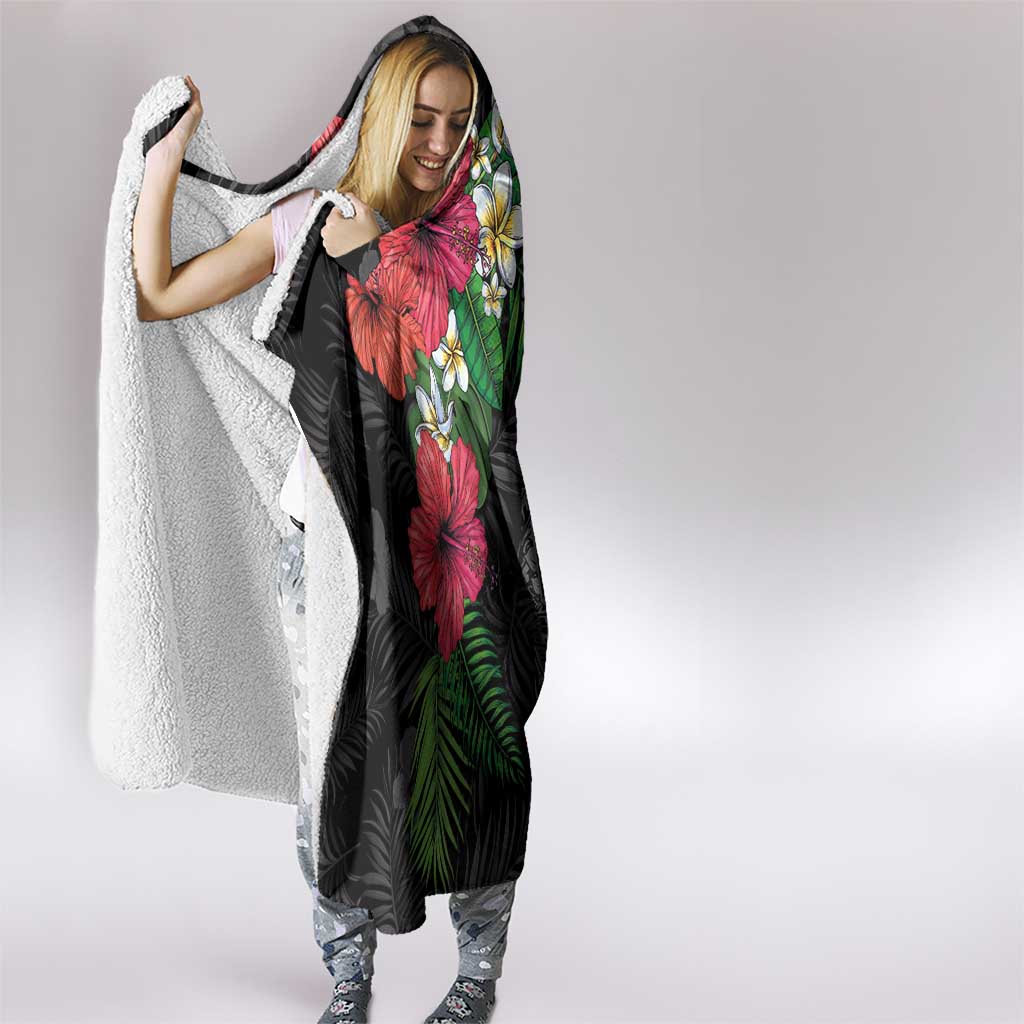 Hawaiian Tropical Plants Hooded Blanket Kakau Tattoo and Polynesian Pattern Half Black Color LT03 - Polynesian Pride