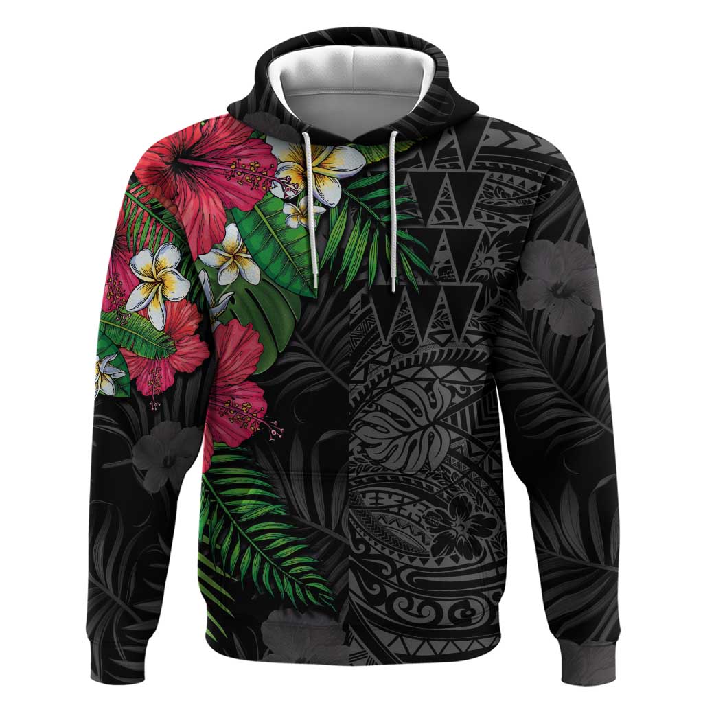 Hawaiian Tropical Plants Hoodie Kakau Tattoo and Polynesian Pattern Half Black Color LT03 Pullover Hoodie Black - Polynesian Pride