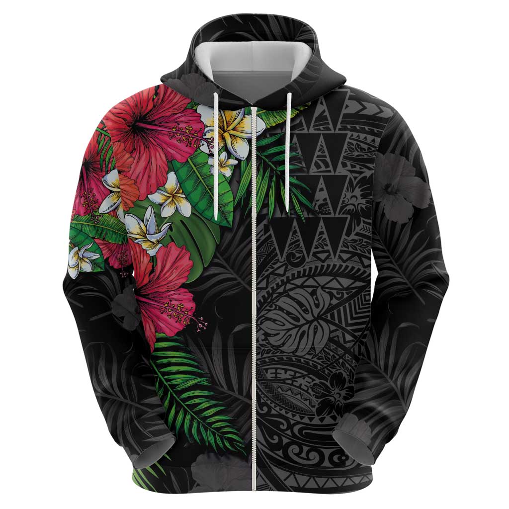 Hawaiian Tropical Plants Hoodie Kakau Tattoo and Polynesian Pattern Half Black Color LT03 - Polynesian Pride