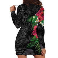 Hawaiian Tropical Plants Hoodie Dress Kakau Tattoo and Polynesian Pattern Half Black Color LT03 - Polynesian Pride