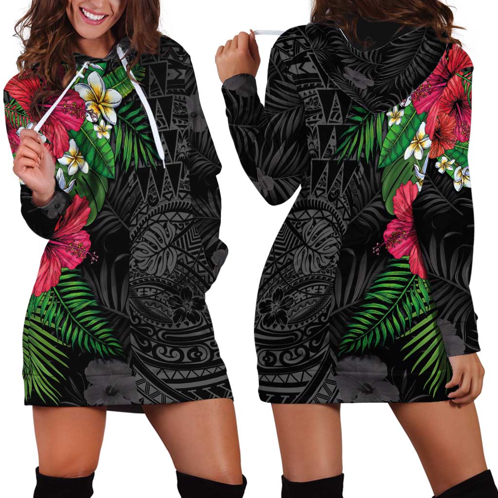 Hawaiian Tropical Plants Hoodie Dress Kakau Tattoo and Polynesian Pattern Half Black Color LT03 - Polynesian Pride