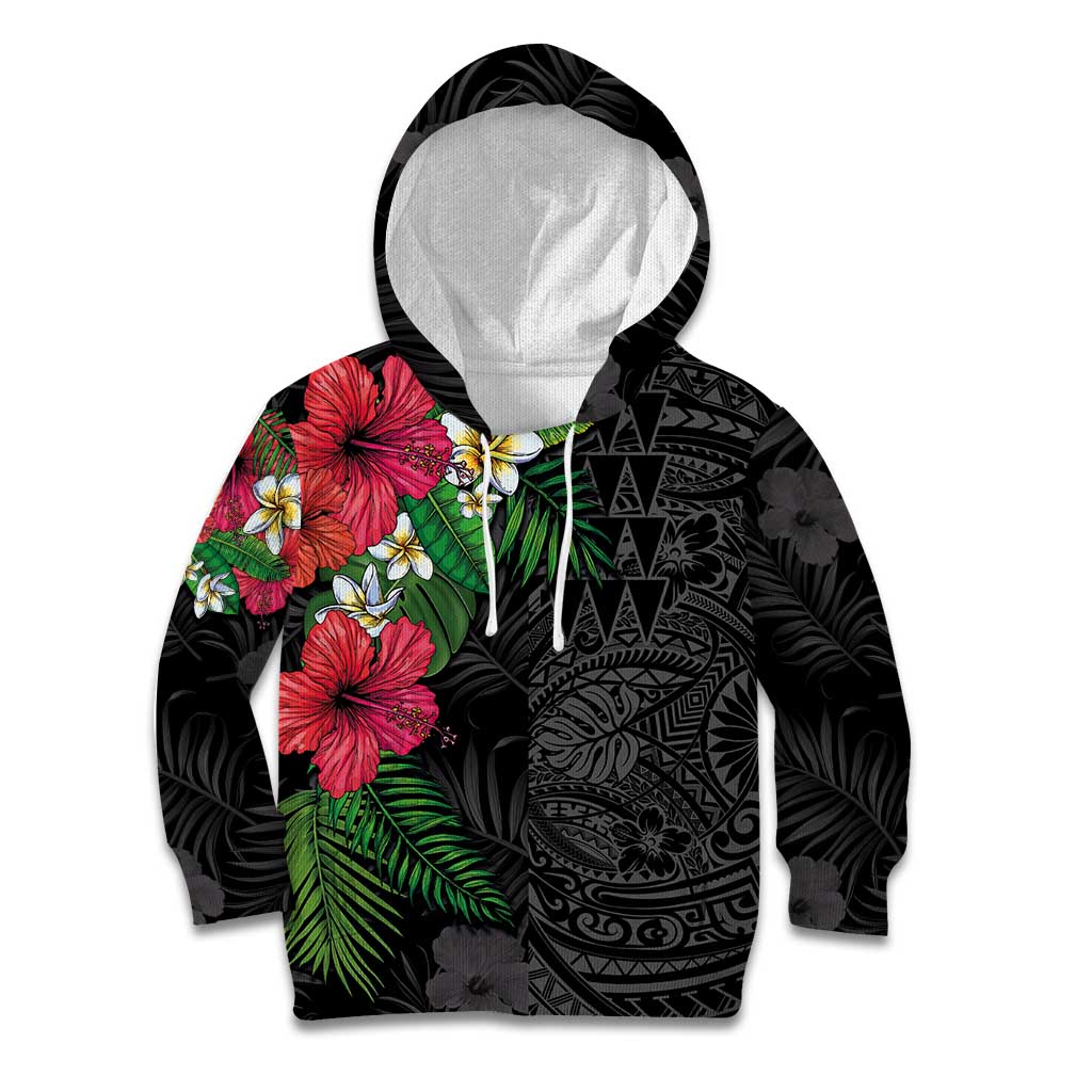 Hawaiian Tropical Plants Kid Hoodie Kakau Tattoo and Polynesian Pattern Half Black Color LT03 Hoodie Black - Polynesian Pride