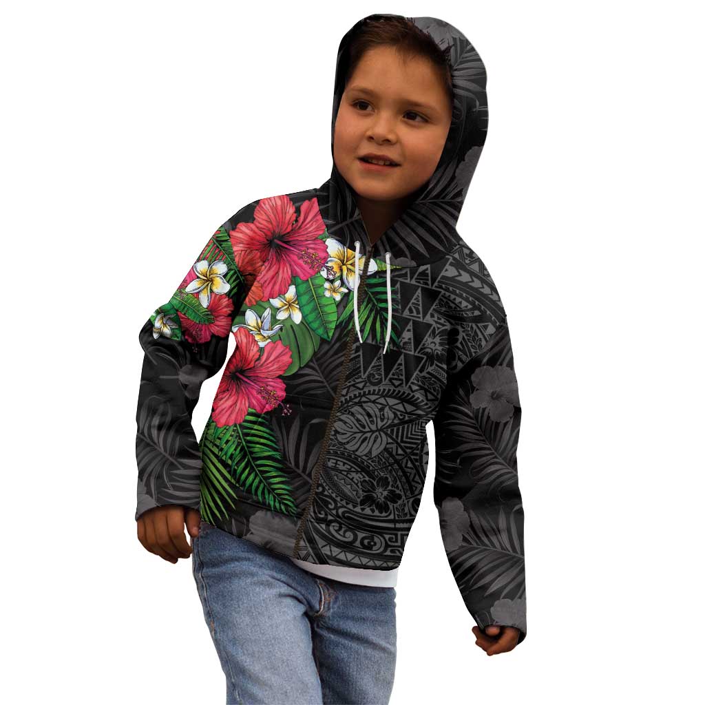 Hawaiian Tropical Plants Kid Hoodie Kakau Tattoo and Polynesian Pattern Half Black Color LT03 - Polynesian Pride