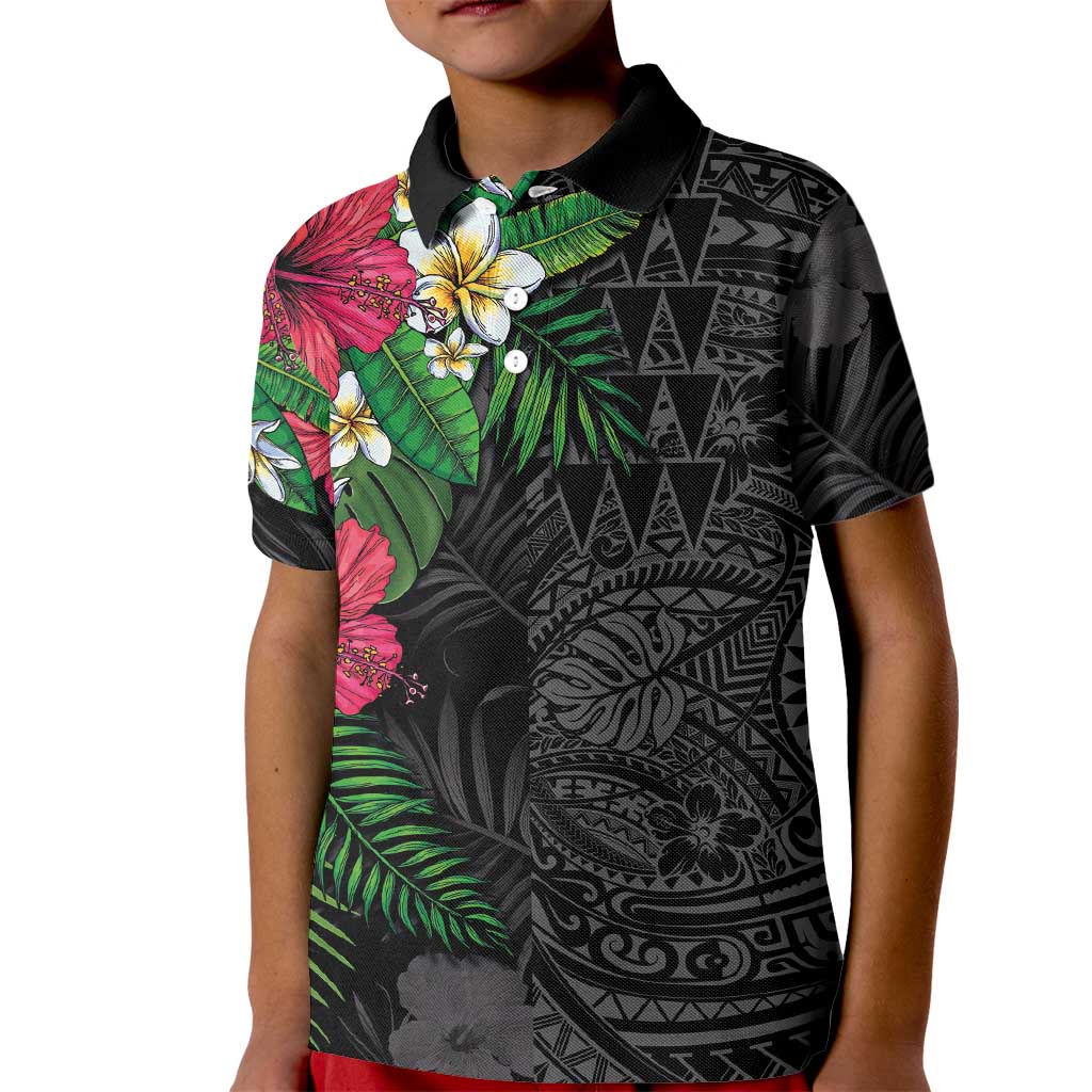 Hawaiian Tropical Plants Kid Polo Shirt Kakau Tattoo and Polynesian Pattern Half Black Color LT03 Kid Black - Polynesian Pride