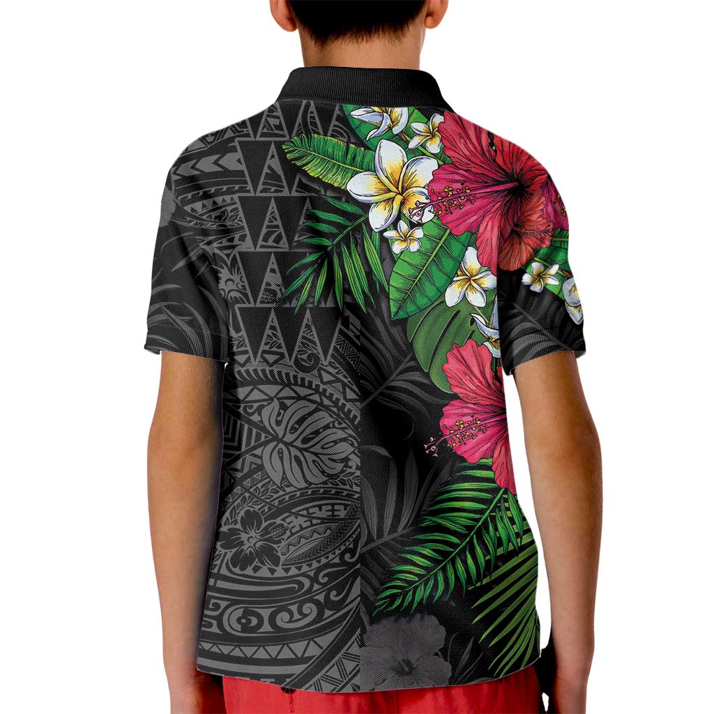 Hawaiian Tropical Plants Kid Polo Shirt Kakau Tattoo and Polynesian Pattern Half Black Color LT03 - Polynesian Pride