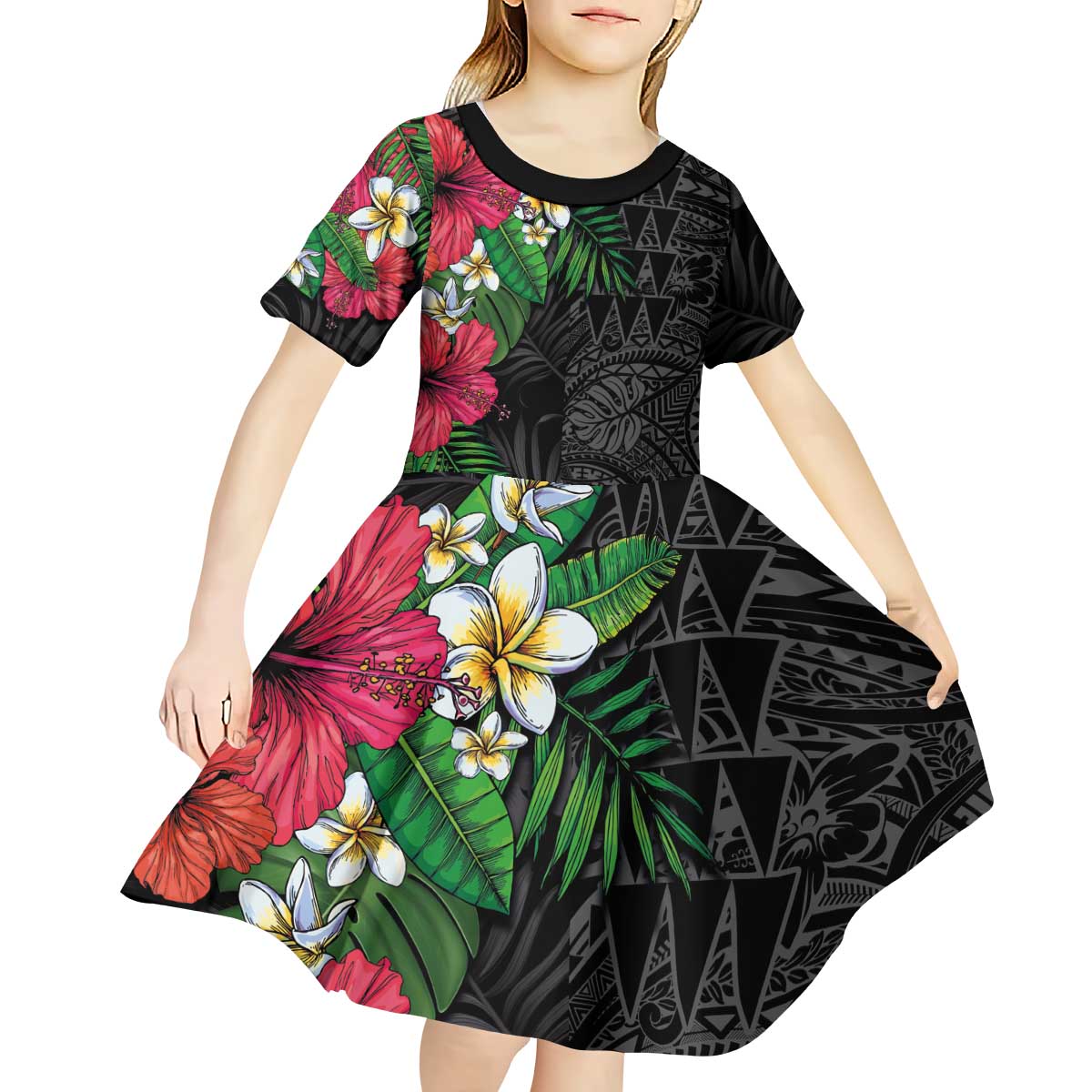 Hawaiian Tropical Plants Kid Short Sleeve Dress Kakau Tattoo and Polynesian Pattern Half Black Color LT03 - Polynesian Pride
