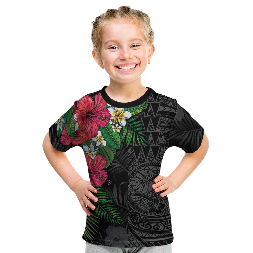 Hawaiian Tropical Plants Kid T Shirt Kakau Tattoo and Polynesian Pattern Half Black Color LT03 Black - Polynesian Pride