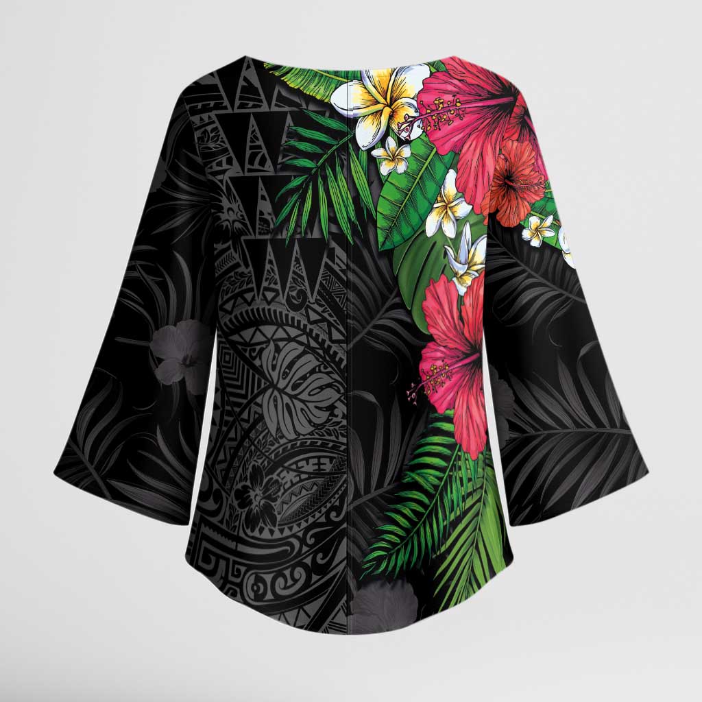 Hawaiian Tropical Plants Kimono Sleeve Blouse Kakau Tattoo and Polynesian Pattern Half Black Color LT03 - Polynesian Pride