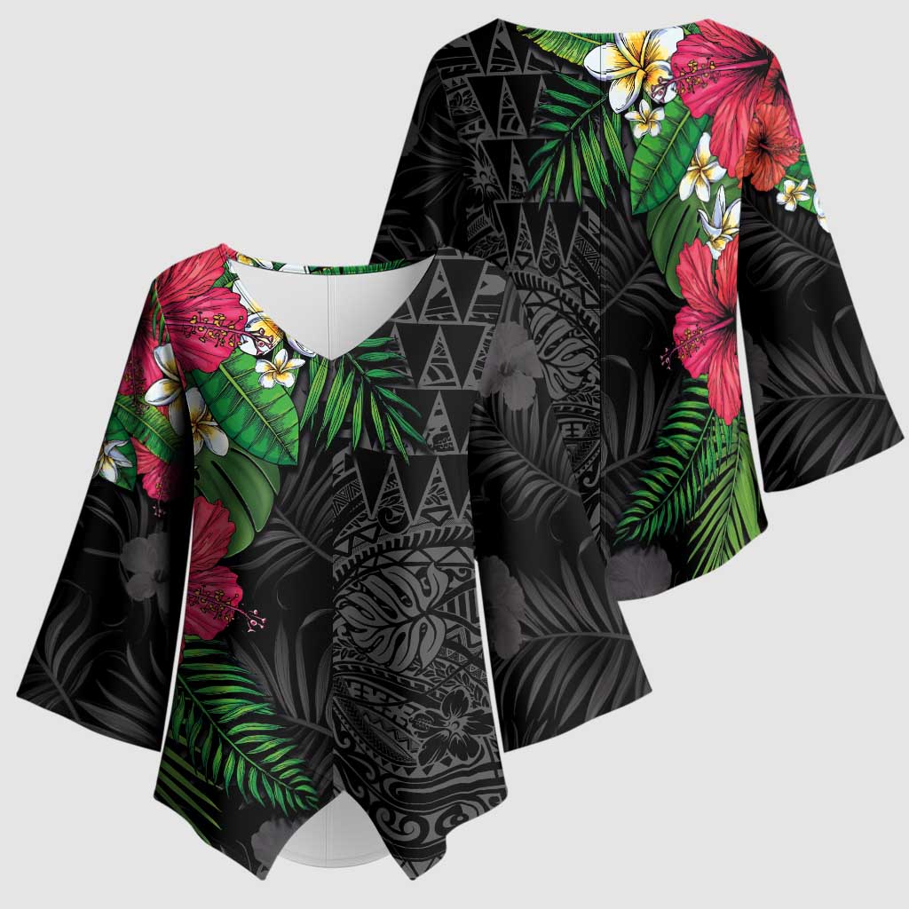 Hawaiian Tropical Plants Kimono Sleeve Blouse Kakau Tattoo and Polynesian Pattern Half Black Color LT03 - Polynesian Pride
