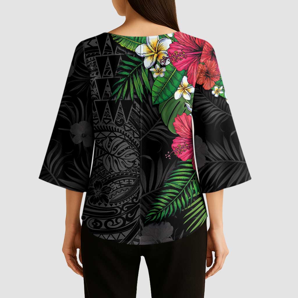 Hawaiian Tropical Plants Kimono Sleeve Blouse Kakau Tattoo and Polynesian Pattern Half Black Color LT03 - Polynesian Pride