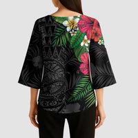 Hawaiian Tropical Plants Kimono Sleeve Blouse Kakau Tattoo and Polynesian Pattern Half Black Color LT03 - Polynesian Pride