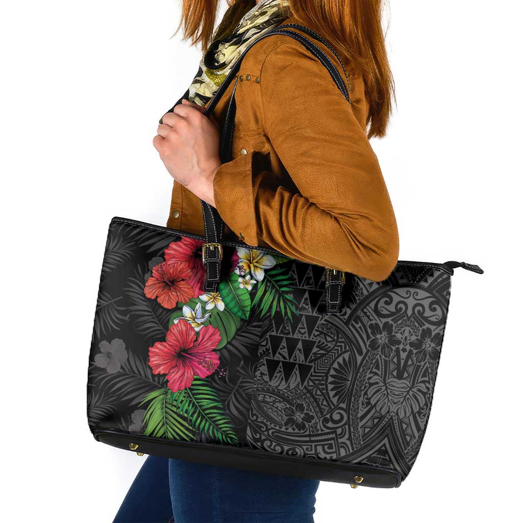 Hawaiian Tropical Plants Leather Tote Bag Kakau Tattoo and Polynesian Pattern Half Black Color LT03 Black - Polynesian Pride