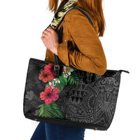 Hawaiian Tropical Plants Leather Tote Bag Kakau Tattoo and Polynesian Pattern Half Black Color LT03 Black - Polynesian Pride