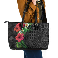 Hawaiian Tropical Plants Leather Tote Bag Kakau Tattoo and Polynesian Pattern Half Black Color LT03 - Polynesian Pride