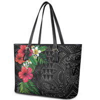 Hawaiian Tropical Plants Leather Tote Bag Kakau Tattoo and Polynesian Pattern Half Black Color LT03 - Polynesian Pride