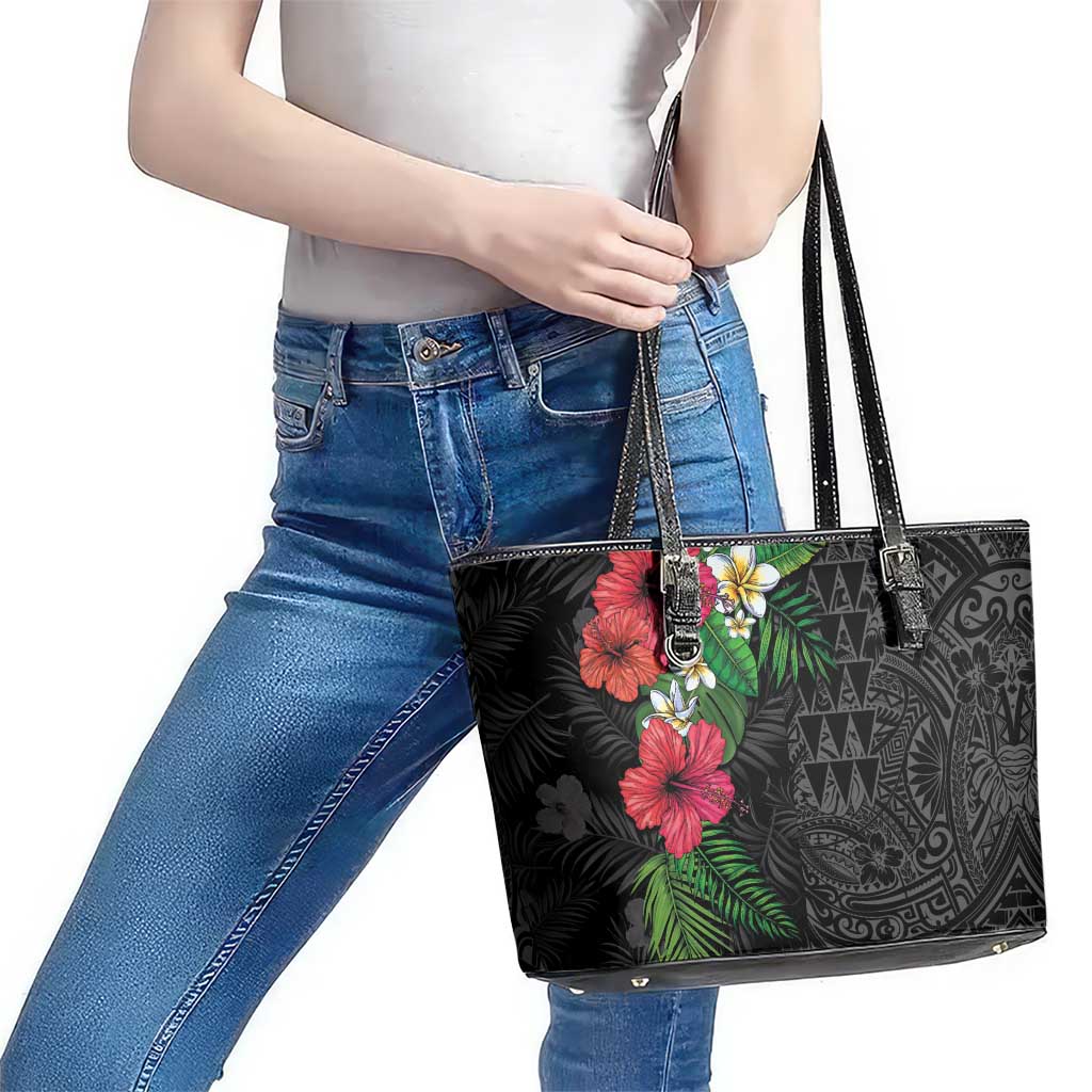 Hawaiian Tropical Plants Leather Tote Bag Kakau Tattoo and Polynesian Pattern Half Black Color LT03 - Polynesian Pride