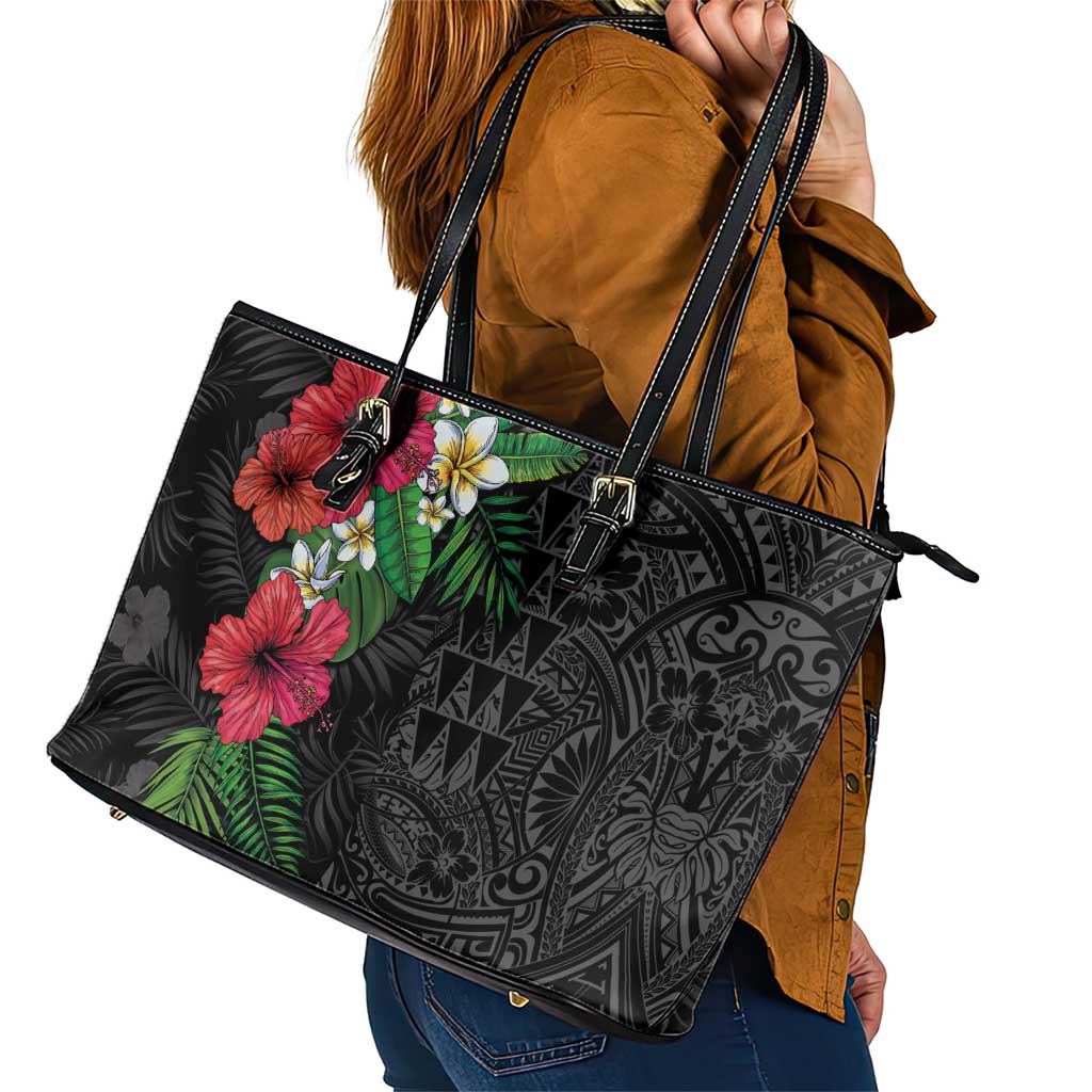 Hawaiian Tropical Plants Leather Tote Bag Kakau Tattoo and Polynesian Pattern Half Black Color LT03 - Polynesian Pride