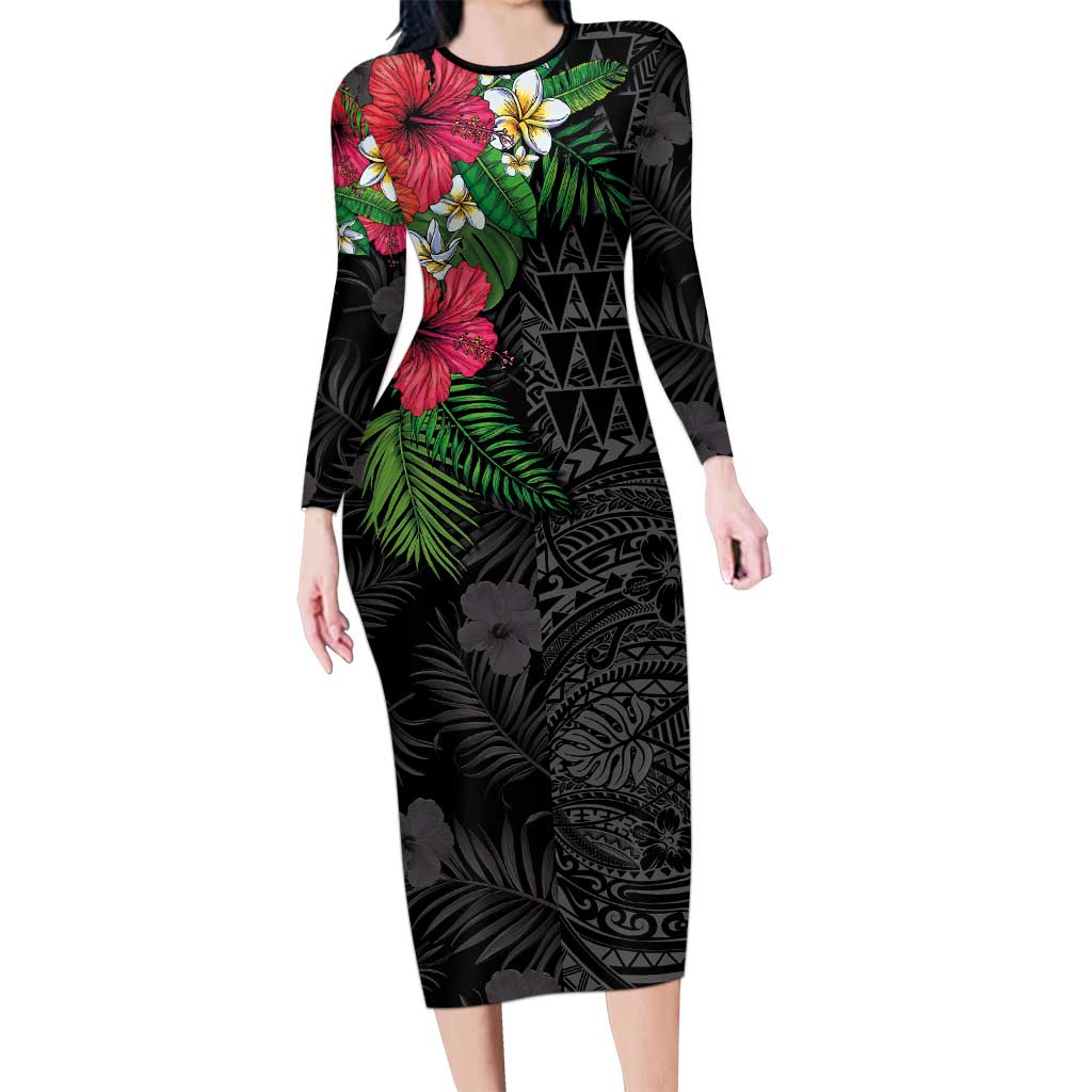 Hawaiian Tropical Plants Long Sleeve Bodycon Dress Kakau Tattoo and Polynesian Pattern Half Black Color LT03 Long Dress Black - Polynesian Pride