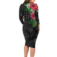 Hawaiian Tropical Plants Long Sleeve Bodycon Dress Kakau Tattoo and Polynesian Pattern Half Black Color LT03 - Polynesian Pride
