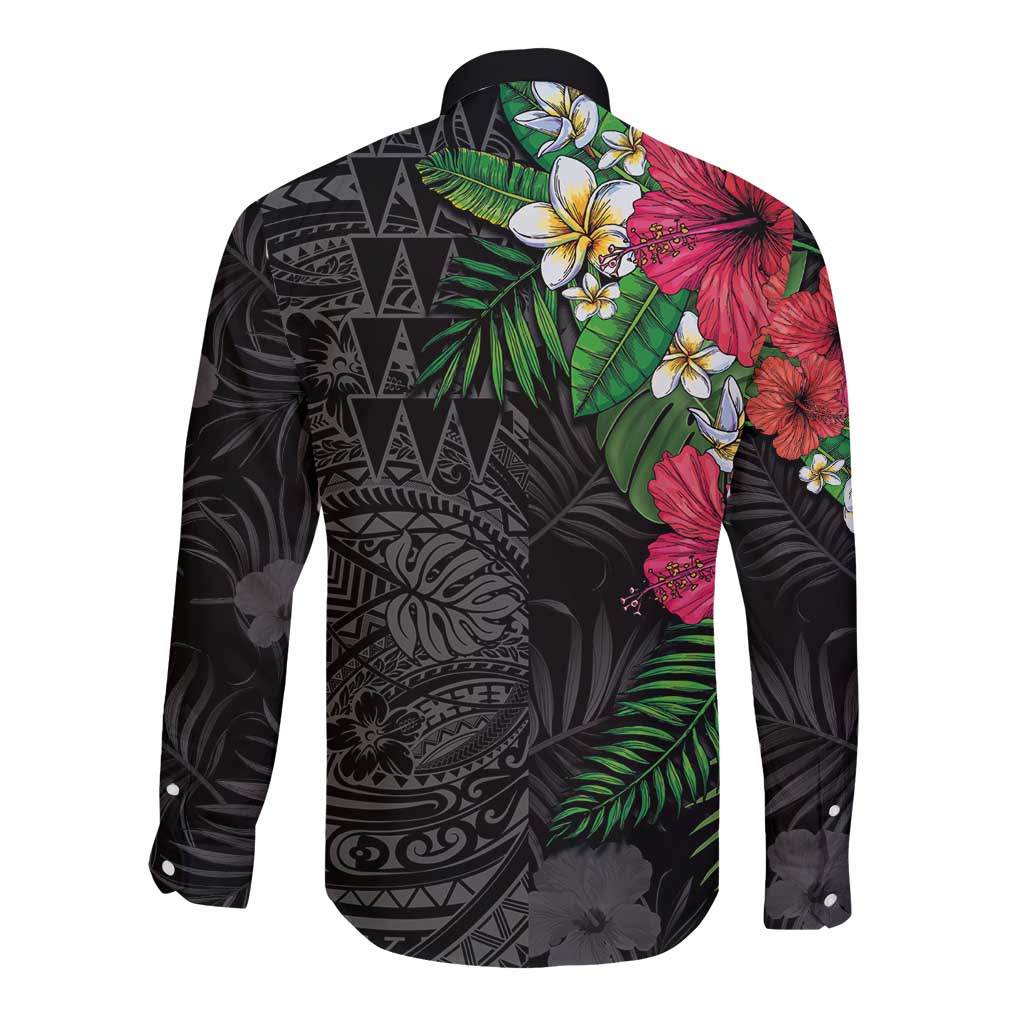 Hawaiian Tropical Plants Long Sleeve Button Shirt Kakau Tattoo and Polynesian Pattern Half Black Color LT03 - Polynesian Pride