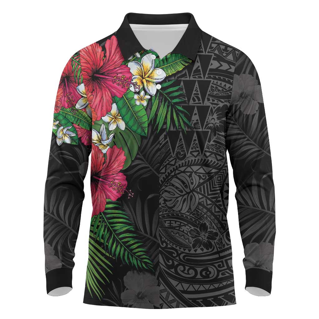 Hawaiian Tropical Plants Long Sleeve Polo Shirt Kakau Tattoo and Polynesian Pattern Half Black Color LT03 Black - Polynesian Pride