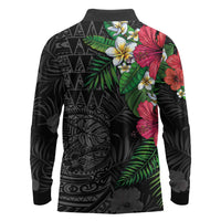Hawaiian Tropical Plants Long Sleeve Polo Shirt Kakau Tattoo and Polynesian Pattern Half Black Color LT03 - Polynesian Pride