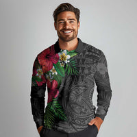 Hawaiian Tropical Plants Long Sleeve Polo Shirt Kakau Tattoo and Polynesian Pattern Half Black Color LT03 - Polynesian Pride