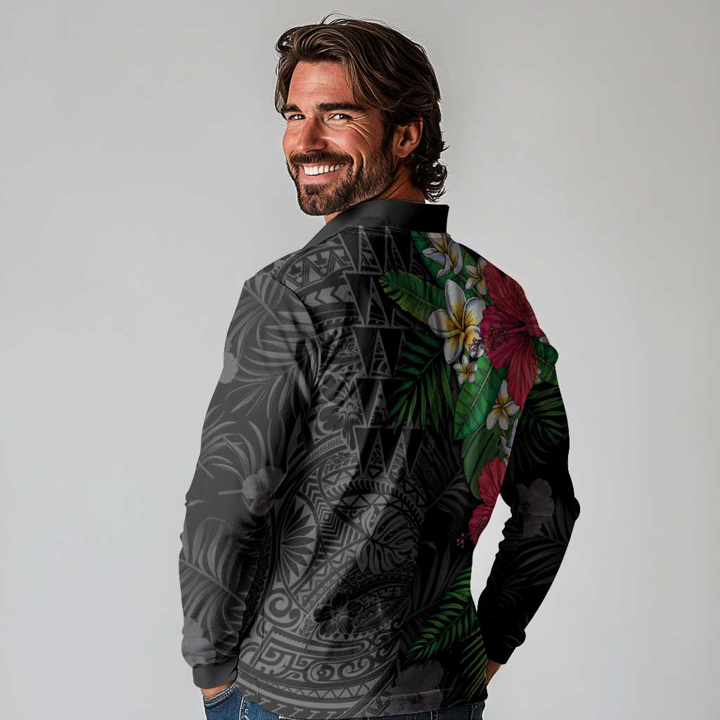 Hawaiian Tropical Plants Long Sleeve Polo Shirt Kakau Tattoo and Polynesian Pattern Half Black Color LT03 - Polynesian Pride