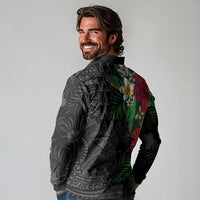 Hawaiian Tropical Plants Long Sleeve Polo Shirt Kakau Tattoo and Polynesian Pattern Half Black Color LT03 - Polynesian Pride
