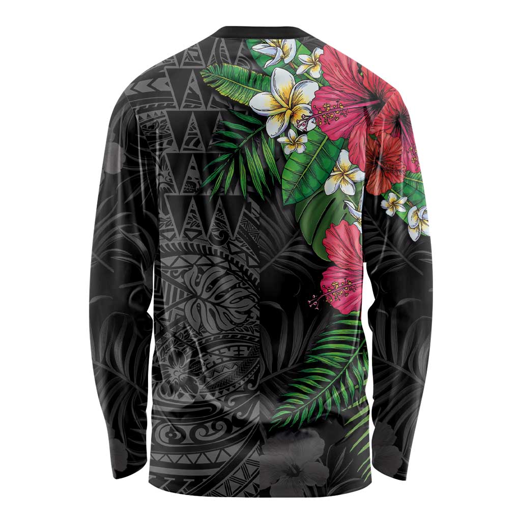 Hawaiian Tropical Plants Long Sleeve Shirt Kakau Tattoo and Polynesian Pattern Half Black Color LT03 - Polynesian Pride