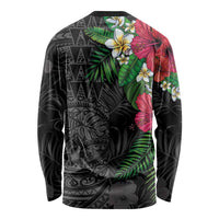 Hawaiian Tropical Plants Long Sleeve Shirt Kakau Tattoo and Polynesian Pattern Half Black Color LT03 - Polynesian Pride