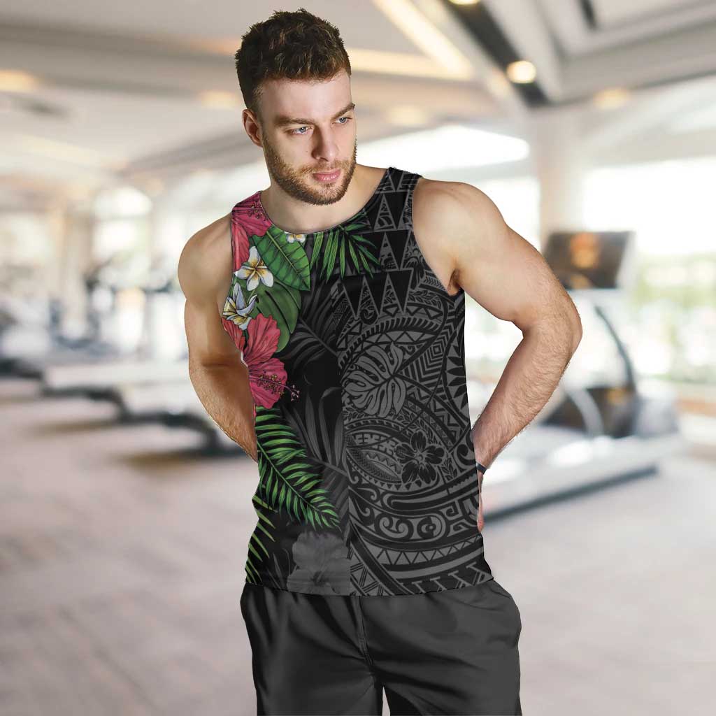 Hawaiian Tropical Plants Men Tank Top Kakau Tattoo and Polynesian Pattern Half Black Color LT03 Black - Polynesian Pride