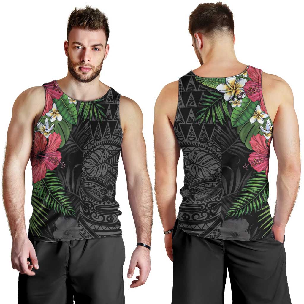 Hawaiian Tropical Plants Men Tank Top Kakau Tattoo and Polynesian Pattern Half Black Color LT03 - Polynesian Pride