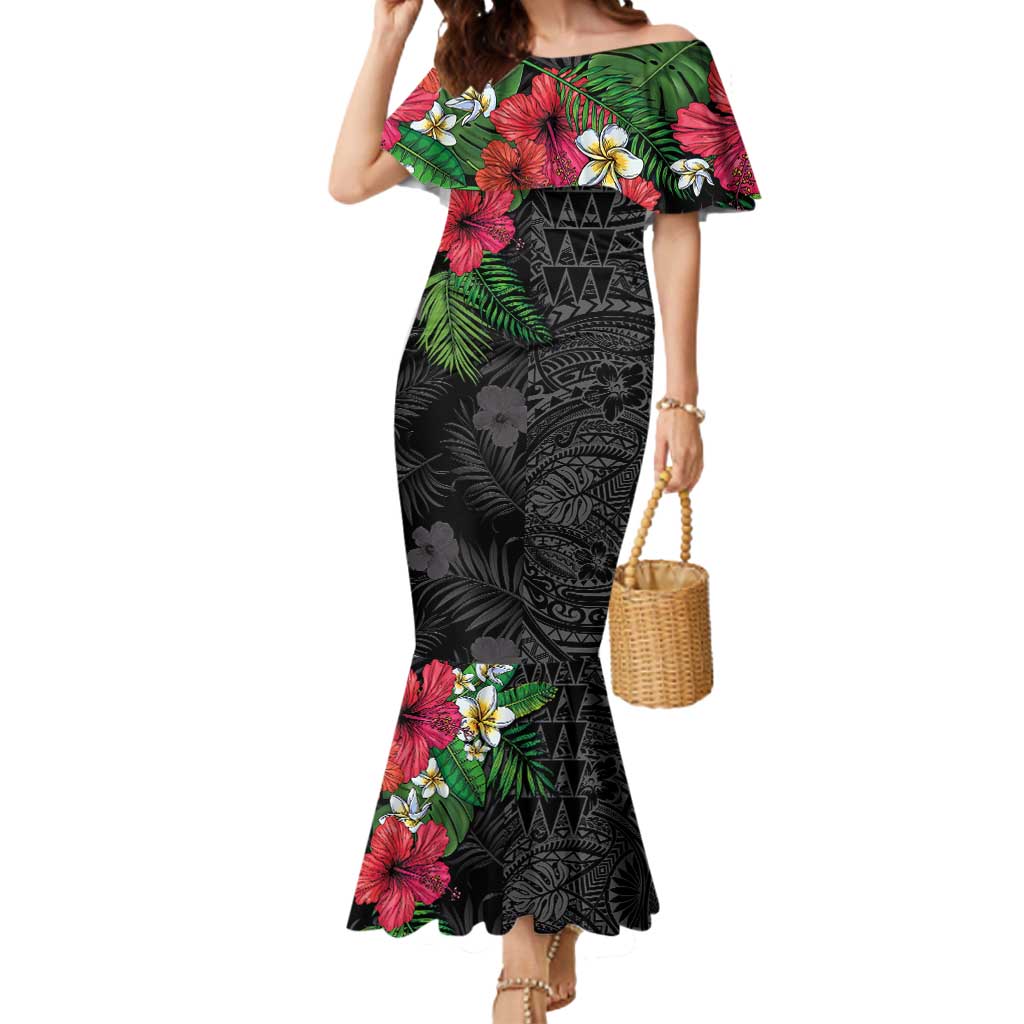 Hawaiian Tropical Plants Mermaid Dress Kakau Tattoo and Polynesian Pattern Half Black Color LT03 Women Black - Polynesian Pride