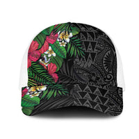 Hawaiian Tropical Plants Mesh Trucker Cap Kakau Tattoo and Polynesian Pattern Half Black Color LT03 One Size White Black - Polynesian Pride