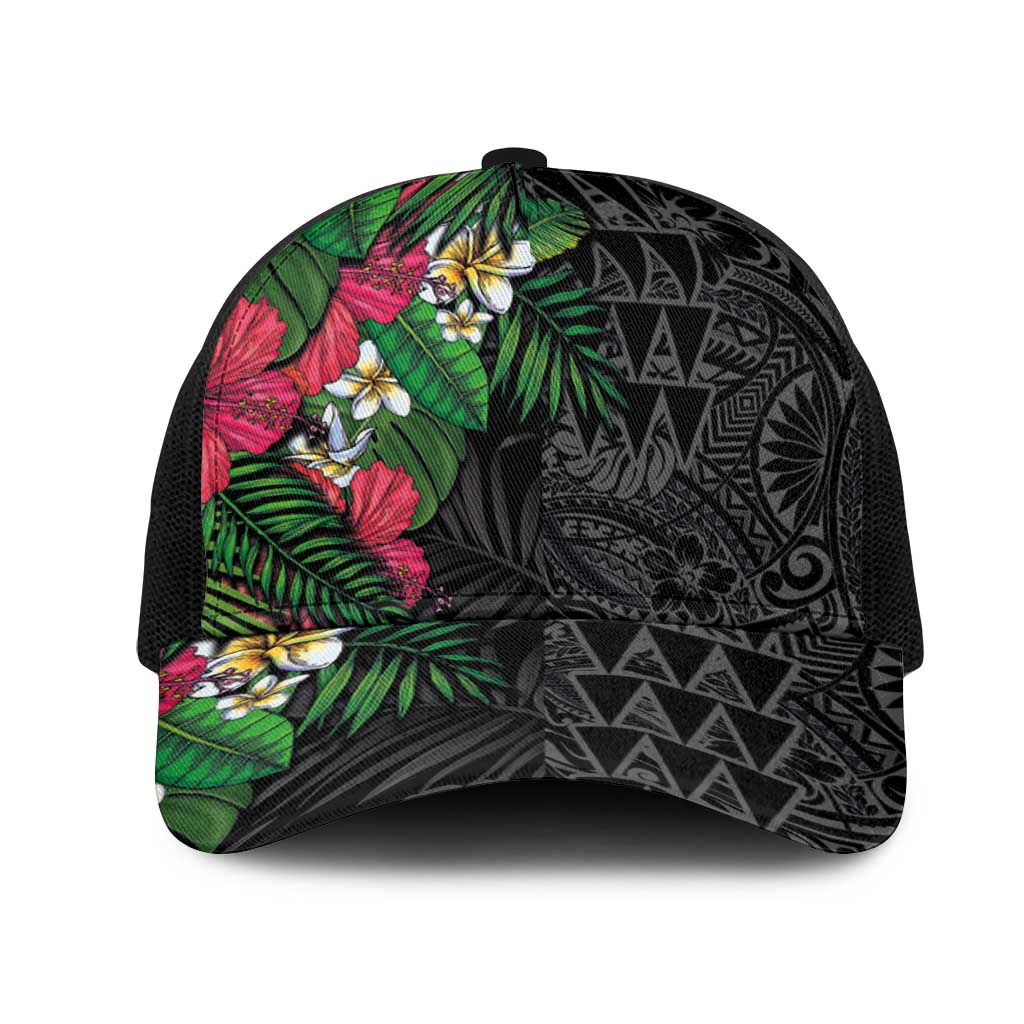 Hawaiian Tropical Plants Mesh Trucker Cap Kakau Tattoo and Polynesian Pattern Half Black Color LT03 One Size Black Black - Polynesian Pride