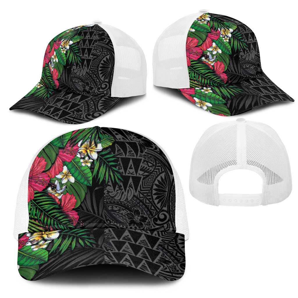 Hawaiian Tropical Plants Mesh Trucker Cap Kakau Tattoo and Polynesian Pattern Half Black Color LT03 - Polynesian Pride