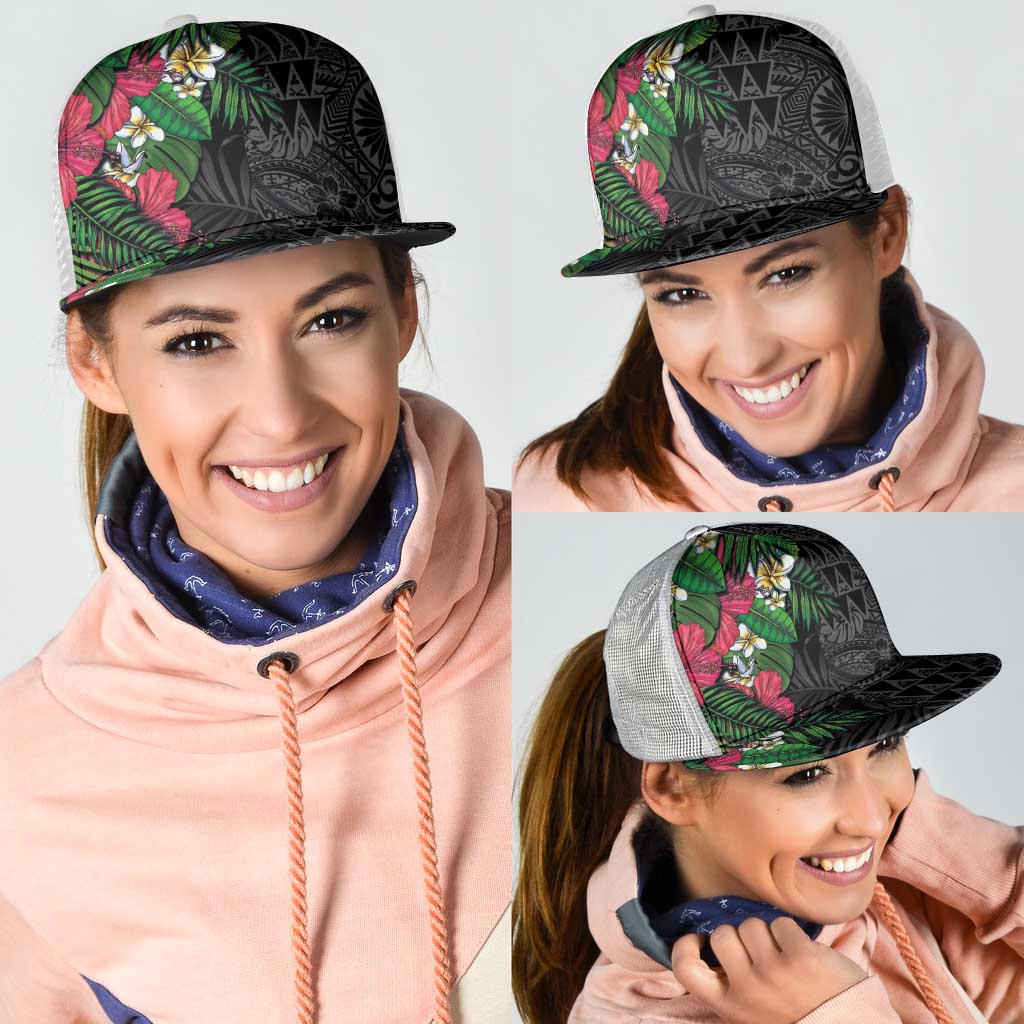 Hawaiian Tropical Plants Mesh Trucker Cap Kakau Tattoo and Polynesian Pattern Half Black Color LT03 - Polynesian Pride