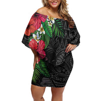 Hawaiian Tropical Plants Off Shoulder Short Dress Kakau Tattoo and Polynesian Pattern Half Black Color LT03 Women Black - Polynesian Pride