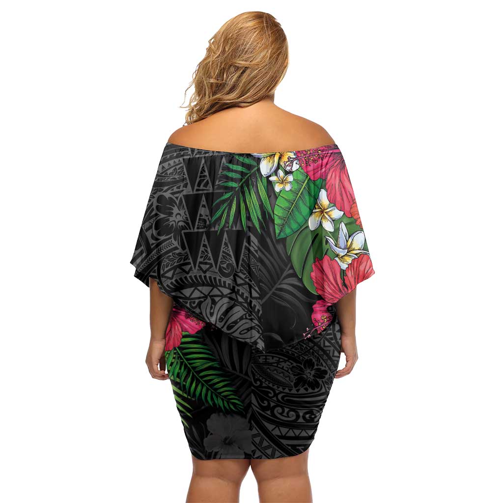 Hawaiian Tropical Plants Off Shoulder Short Dress Kakau Tattoo and Polynesian Pattern Half Black Color LT03 - Polynesian Pride