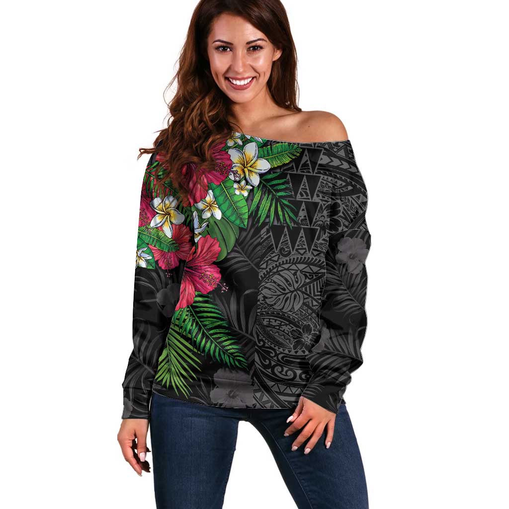 Hawaiian Tropical Plants Off Shoulder Sweater Kakau Tattoo and Polynesian Pattern Half Black Color LT03 Women Black - Polynesian Pride