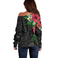 Hawaiian Tropical Plants Off Shoulder Sweater Kakau Tattoo and Polynesian Pattern Half Black Color LT03 - Polynesian Pride