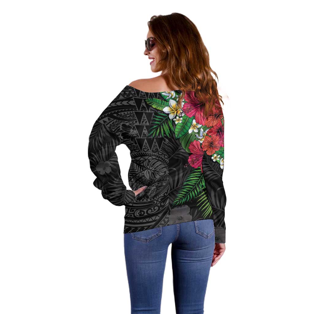 Hawaiian Tropical Plants Off Shoulder Sweater Kakau Tattoo and Polynesian Pattern Half Black Color LT03 - Polynesian Pride