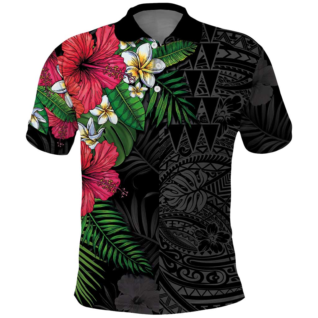 Hawaiian Tropical Plants Polo Shirt Kakau Tattoo and Polynesian Pattern Half Black Color LT03 Black - Polynesian Pride