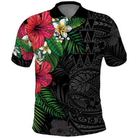 Hawaiian Tropical Plants Polo Shirt Kakau Tattoo and Polynesian Pattern Half Black Color LT03 Black - Polynesian Pride