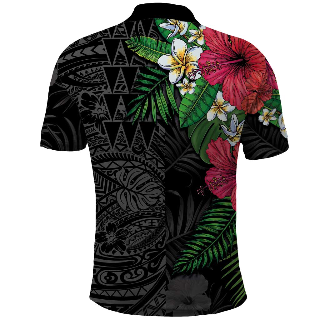Hawaiian Tropical Plants Polo Shirt Kakau Tattoo and Polynesian Pattern Half Black Color LT03 - Polynesian Pride