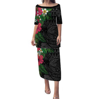 Hawaiian Tropical Plants Puletasi Kakau Tattoo and Polynesian Pattern Half Black Color LT03 Long Dress Black - Polynesian Pride